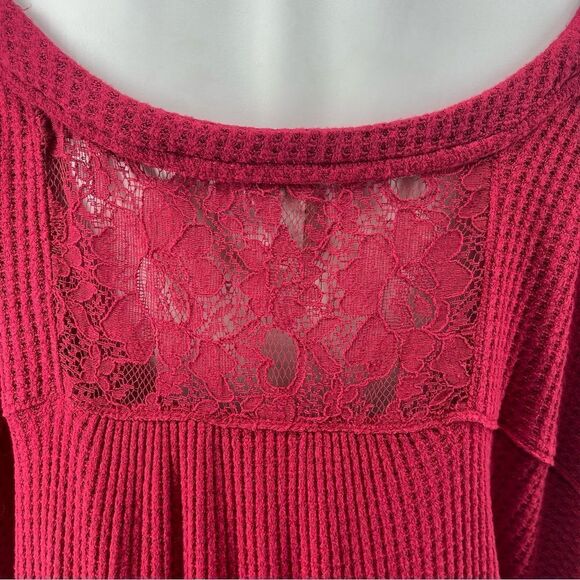 Knox Rose Red Long Sleeve Waffle Knit Tie Hem Button Front Lace Panel Top 2X - Picture 11 of 14